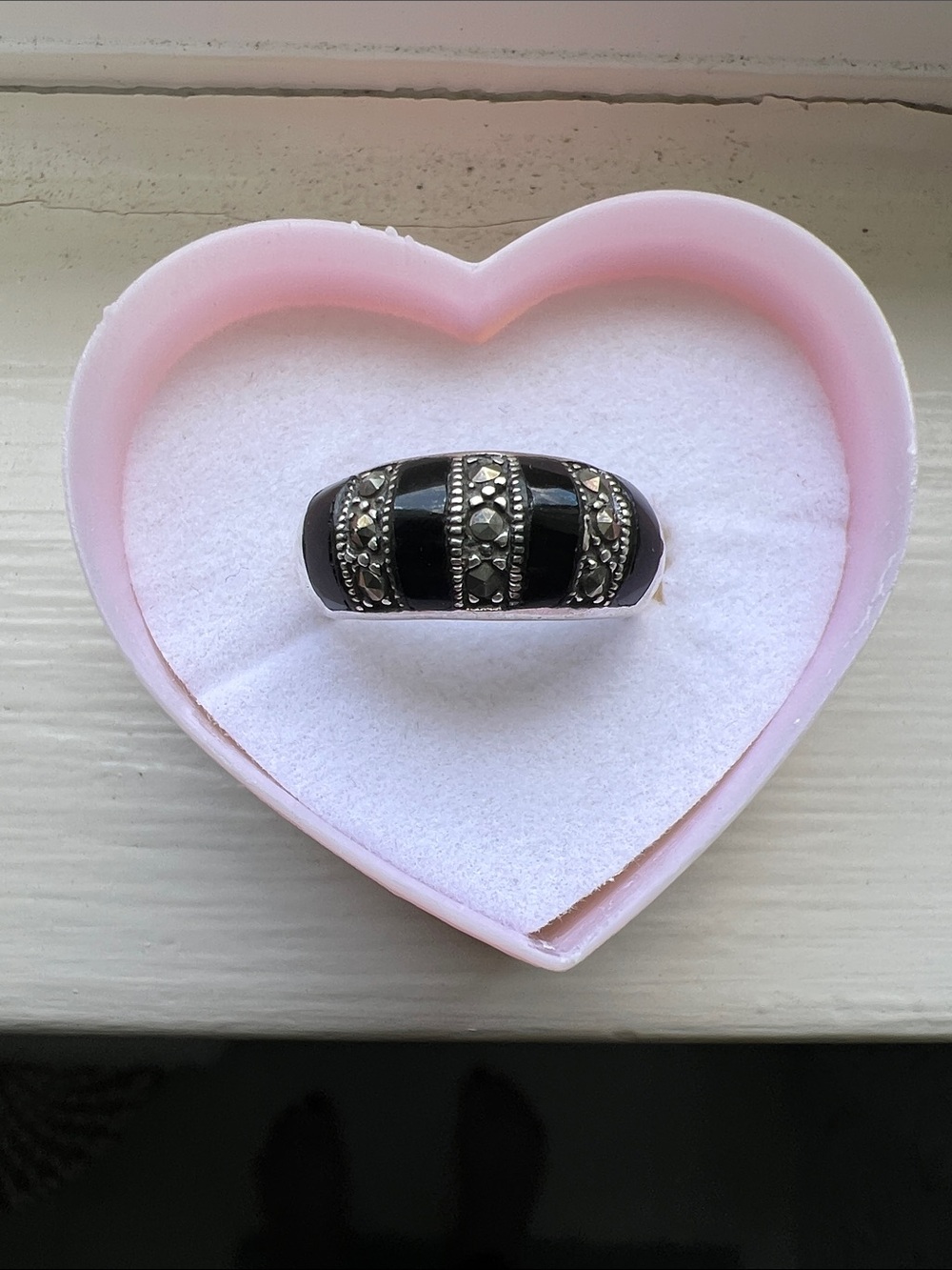Sterling Silver Black Onyx Ring with Marcasite Accents